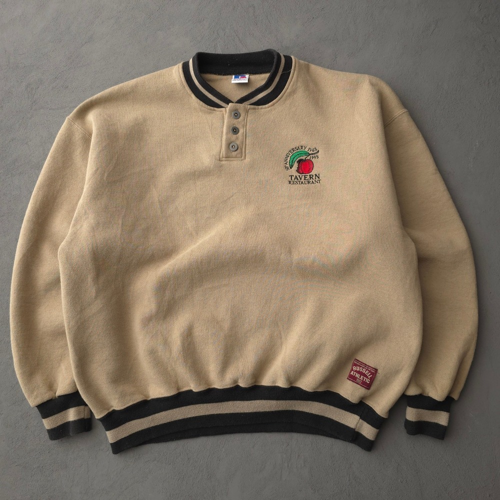Vintage 90s Russell Athletic Tan Henley Sweatshirt XL Tavern Restaurant